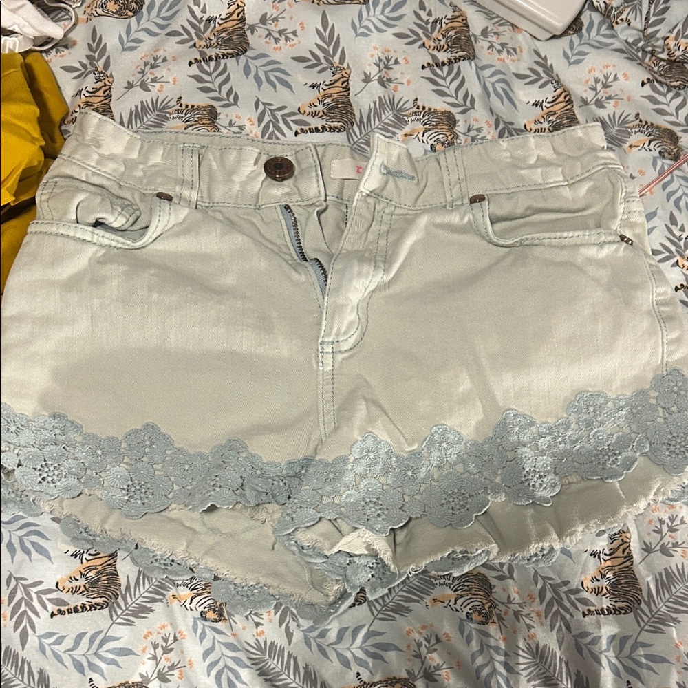 Refuge Light Blue Jean Shorts with Lace Trim - 2